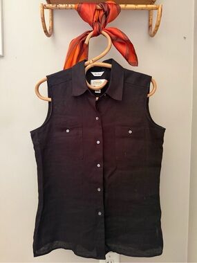 Sleeveless Black Button-Front 100% Linen Top